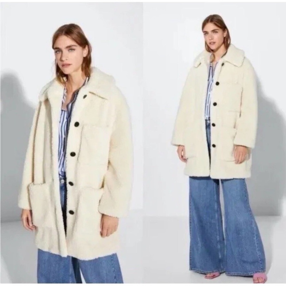 Zara Women Ecru White Sherpa Fleece Teddy Faux Fur Winter Coat